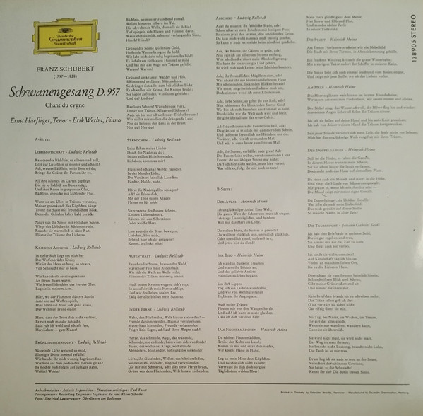 Ernst Haefliger Erik Werba Franz Schubert Schwanengesang Lp