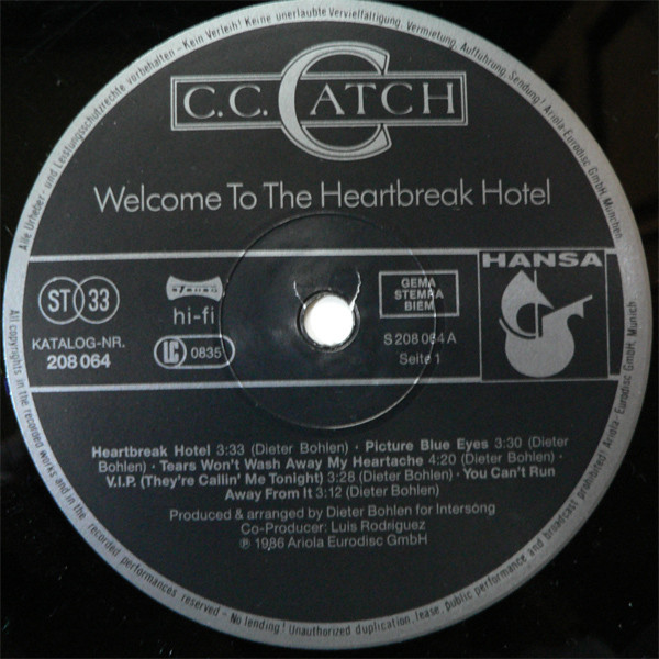 C.C. Catch To The Heartbreak Hotel (LP, Album) akerrecords.nl