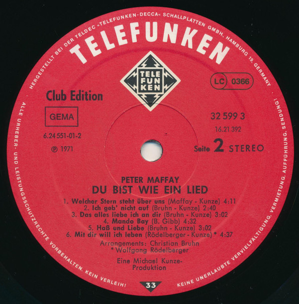 Peter Maffay – Du Bist Wie Ein Lied (LP, Club, RE) – akerrecords.nl