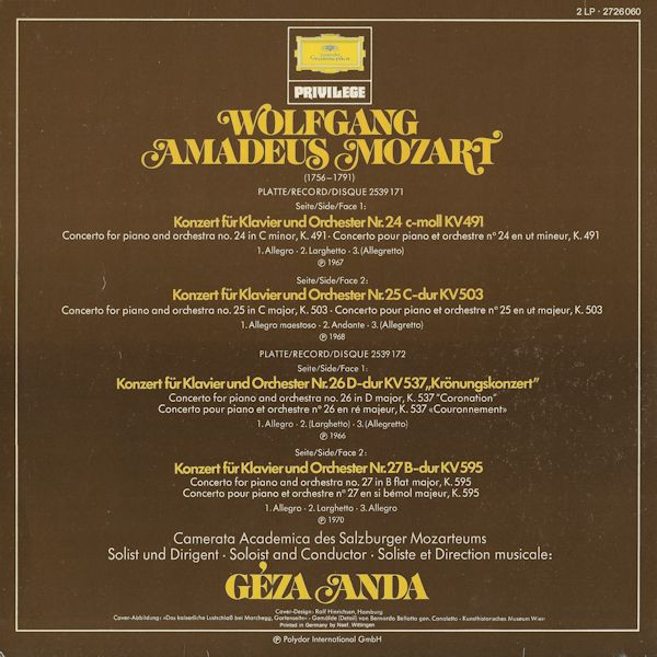 Klavierkonzerte　–　Letzten　–　Concertos　The　Academica　Camerata　Four　Anda,　Mozart,　Amadeus　Wolfgang　Piano　Comp,　Salzburg　Vier　Géza　(2xLP,　Gat)　Die　Last