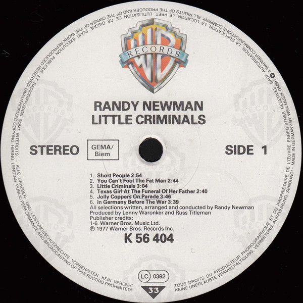 Randy Newman – Little Criminals (LP, Album, RE) – Akerrecords.nl