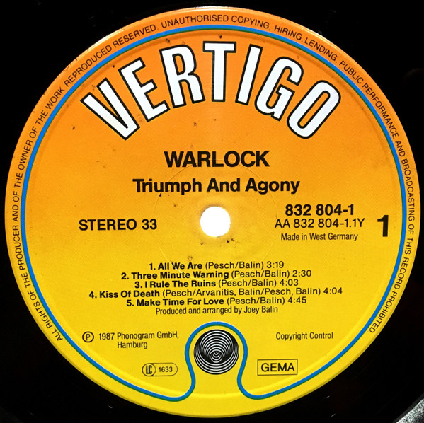 Warlock (2) – Triumph And Agony (LP, Album) – Akerrecords.nl