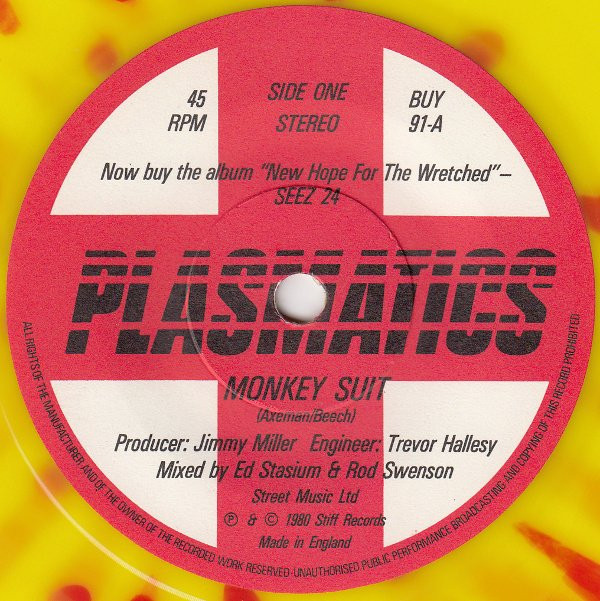 Plasmatics (2) – Monkey Suit (7″, Single, Yel) – akerrecords.nl