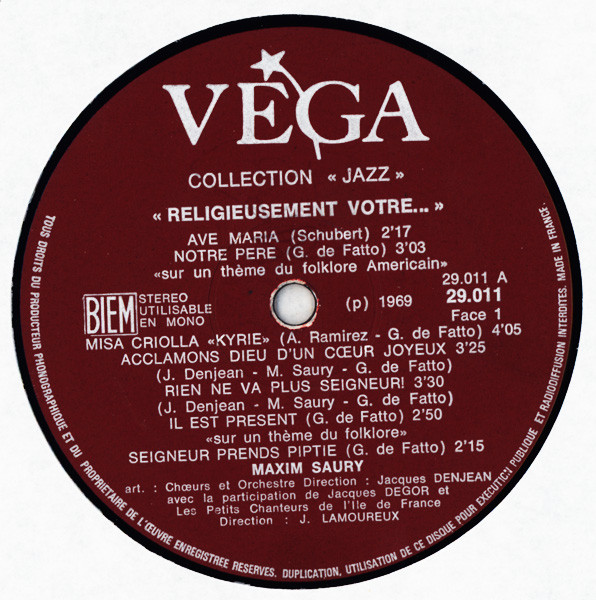 Maxim Saury – Religieusement Vôtre (LP, Album) – akerrecords.nl