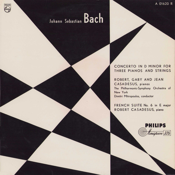 Johann Sebastian Bach, Robert Casadesus, Gaby Casadesus, Jean Casadesus, The Philharmonic-Symphony Orchestra Of New York*, Dimitri Mitropoulos - Concerto In D Minor For Three Pianos And Strings, French Suite No. 6 In E Major (10", Album)