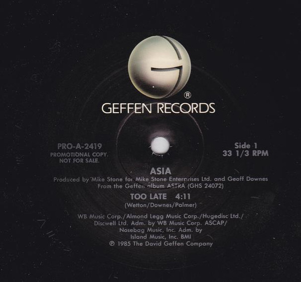 Asia (2) - Too Late (12", Single, Promo)