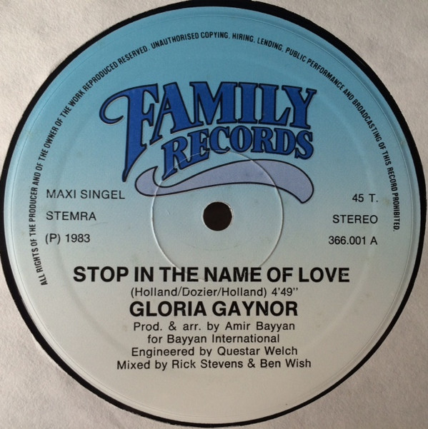 Gloria Gaynor - Stop In The Name Of Love (12", Maxi)