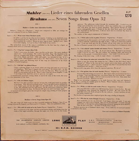 Dietrich Fischer-Dieskau - Gustav Mahler / Johannes Brahms - Philharmonia Orchestra Conducted By Wilhelm Furtwängler With Hertha Klust-1