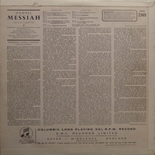 Georg Friedrich Händel - Elsie Morison, Marjorie Thomas, Richard Lewis (3), Huddersfield Choral Society, Royal Liverpool Philharmonic Orchestra, Sir Malcolm Sargent-1