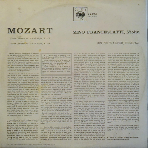 Wolfgang Amadeus Mozart : Zino Francescatti, Bruno Walter-1