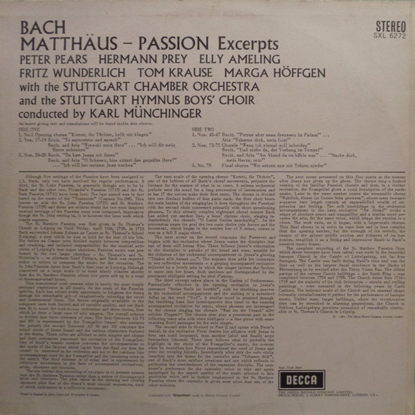 Johann Sebastian Bach - Peter Pears - Hermann Prey - Elly Ameling - Fritz Wunderlich - Tom Krause - Marga Höffgen, Stuttgarter Kammerorchester, Stuttgarter Hymnus-Chorknaben, Karl Münchinger-1