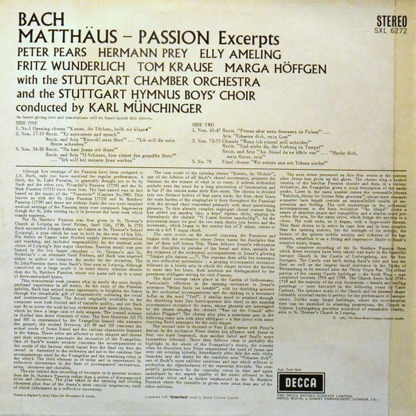Johann Sebastian Bach, Peter Pears - Hermann Prey - Elly Ameling - Fritz Wunderlich - Tom Krause - Marga Höffgen, Stuttgarter Kammerorchester, Stuttgarter Hymnus-Chorknaben, Karl Münchinger-1