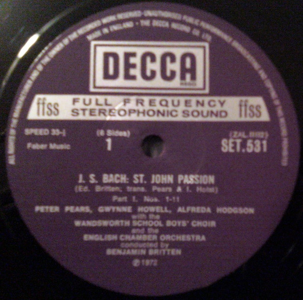 Bach* - Pears* · Howell* · Harper* · Hodgson* · Tear* · Shirley-Quirk*, Wandsworth School Boys' Choir . English Chamber Orchestra, Benjamin Britten-1
