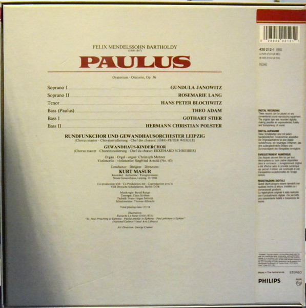 Felix Mendelssohn-Bartholdy, Gundula Janowitz, Rosemarie Lang, Hans Peter Blochwitz, Theo Adam, Rundfunkchor Leipzig, Gewandhausorchester Leipzig, Kurt Masur-1