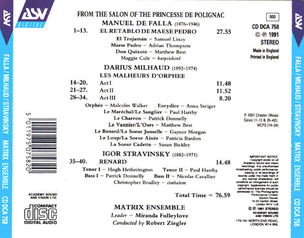 Manuel De Falla / Darius Milhaud / Igor Stravinsky, Matrix Ensemble, Robert Ziegler-1