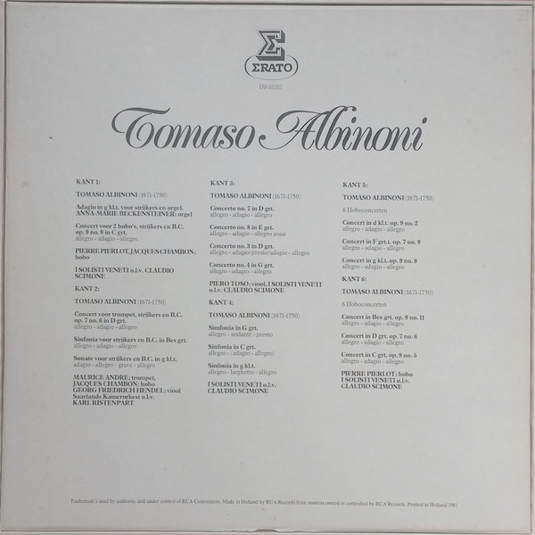 Tomaso Albinoni, Pierre Pierlot, I Solisti Veneti O.l.v. Claudio Scimone, Maurice André, Saarlands Kamerorkest* O.l.v. Karl Ristenpart-1