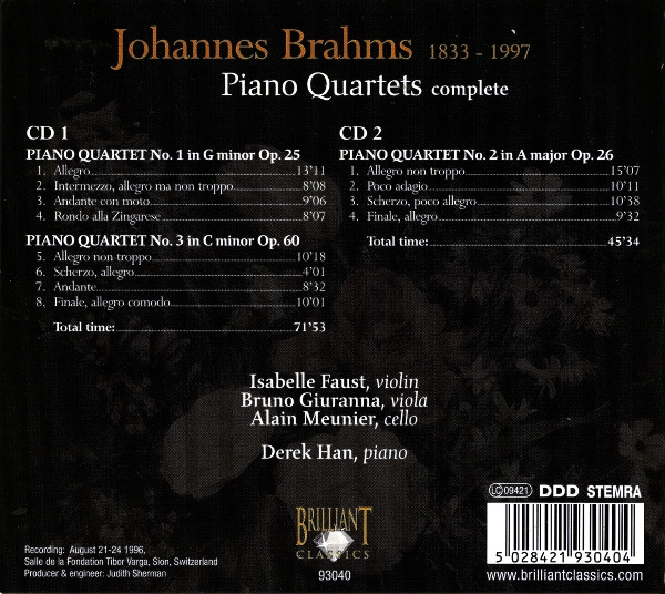 Johannes Brahms - Isabelle Faust, Bruno Giuranna, Alain Meunier, Derek Han-1