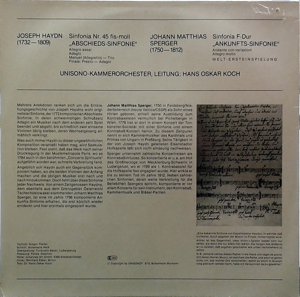 Joseph Haydn, Johannes Matthias Sperger, Unisono-Kammerorchester Leitung Hans Oskar Koch-1