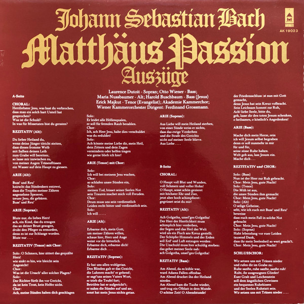 Johann Sebastian Bach - Laurence Dutoit ~ Otto Wiener ~ Maria Nussbaumer ~ Harold Buschbaum ~ Erich Majkut ~ Wiener Akademie Kammerchor ~ Wiener Kammerorchester Dirigent: Ferdinand Grossmann-1
