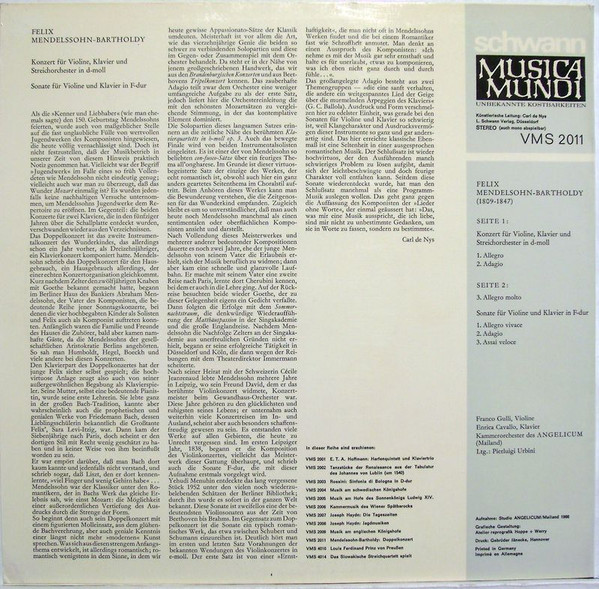Felix Mendelssohn-Bartholdy, Franco Gulli, Enrica Cavallo, Orchestra Da Camera Dell'Angelicum , Leitung: Pierluigi Urbini-1