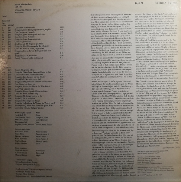 Johann Sebastian Bach, Arleen Auger, Heidi Rieß, Peter Schreier, Armin Ude, Theo Adam, Siegfried Lorenz, Thomanerchor, Gewandhausorchester Leipzig, Hans-Joachim Rotzsch-1