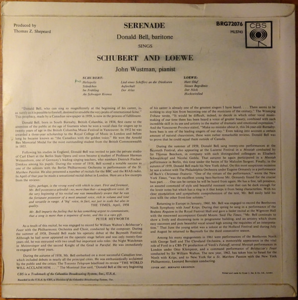Donald Bell Sings Franz Schubert And Carl Loewe, John Wustman-1