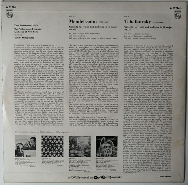 Felix Mendelssohn-Bartholdy / Pyotr Ilyich Tchaikovsky, Zino Francescatti With Philharmonic-Symphony Orchestra Of New York, Dimitri Mitropoulos-1