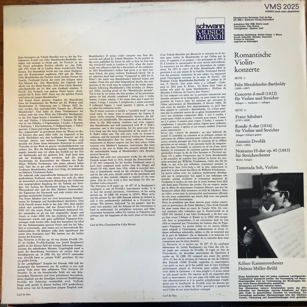 Felix Mendelssohn-Bartholdy / Franz Schubert - Tomotada Soh, Antonín Dvořák, Kölner Kammerorchester, Helmut Müller-Brühl-1