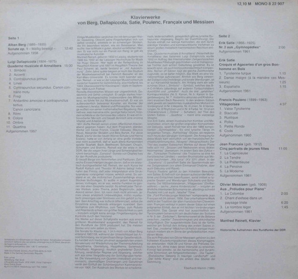 Manfred Reinelt - Alban Berg, Luigi Dallapiccola, Erik Satie, Francis Poulenc, Jean Françaix, Olivier Messiaen-1