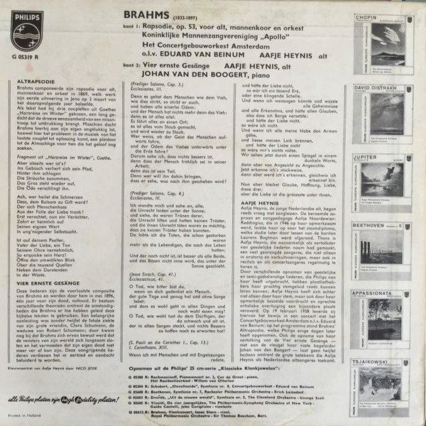 Johannes Brahms – Aafje Heynis, Koninklijke Mannenzangvereniging "Apollo", Concertgebouworkest, Eduard van Beinum-1