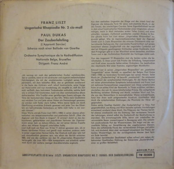 Franz Liszt / Paul Dukas - Orchestre Symphonique De La Radiodiffusion Nationale Belge, Bruxelles, Franz André-1