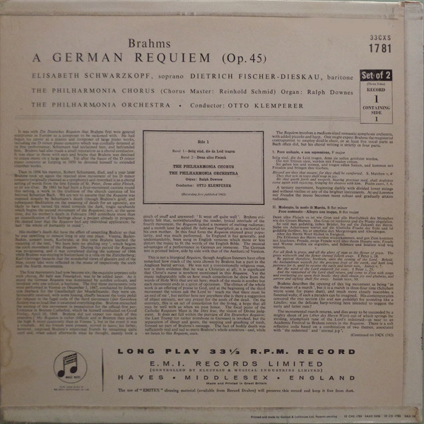 Johannes Brahms - Elisabeth Schwarzkopf, Dietrich Fischer-Dieskau, Otto Klemperer Conducting Philharmonia Orchestra And Philharmonia Chorus-1
