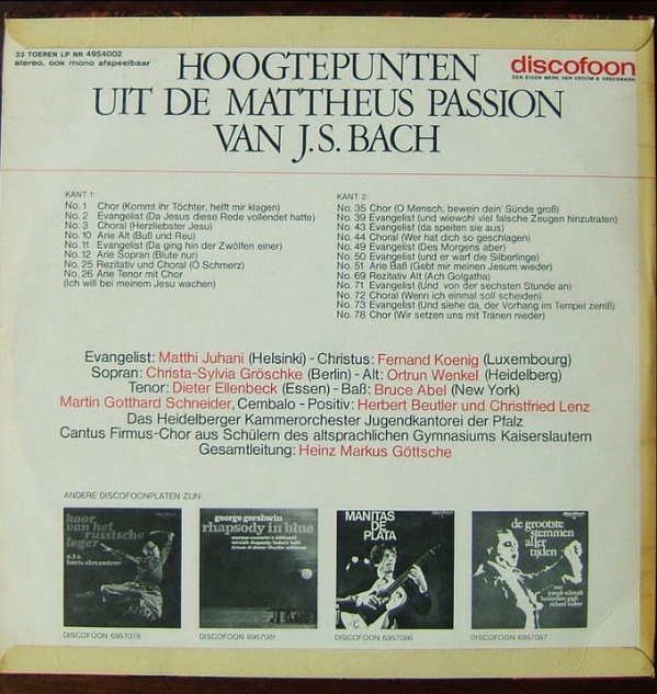 Johann Sebastian Bach - Matthi Juhani, Fernand Koenig, Christa Gröschke, Ortrun Wenkel, Dieter Ellenbeck, Bruce Abel, Martin Gotthard Schneider, Herbert Beutler, Christfried Lenz, Heidelberger Kammerorchester, Jugendkantorei Der Pfalz, Schüler Des Altspra-1