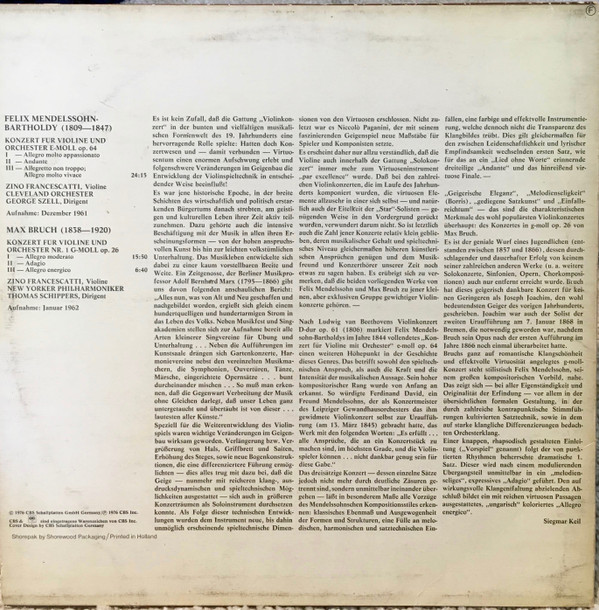 Felix Mendelssohn-Bartholdy, The Cleveland Orchestra, George Szell, Max Bruch, New York Philharmonic, Thomas Schippers, Zino Francescatti-1